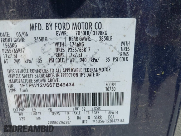 2006 Ford F-150 XLT with VIN 1FTPW12V66FB49434, listed as a IAAI auction lot 42015574 with 1 mi miles. Bid and sale history available at carsss.com. Image 9.