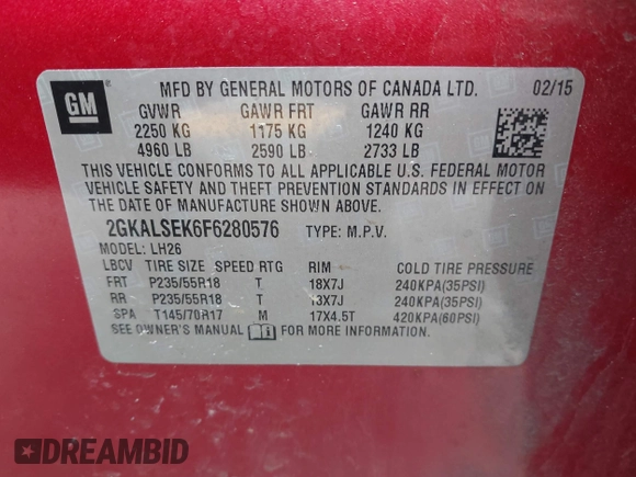 2015 GMC Terrain SLT with VIN 2GKALSEK6F6280576, listed as a IAAI auction lot 42312460 with 95,291 mi miles and . Bid and sale history available at DreamBid. Image 9.
