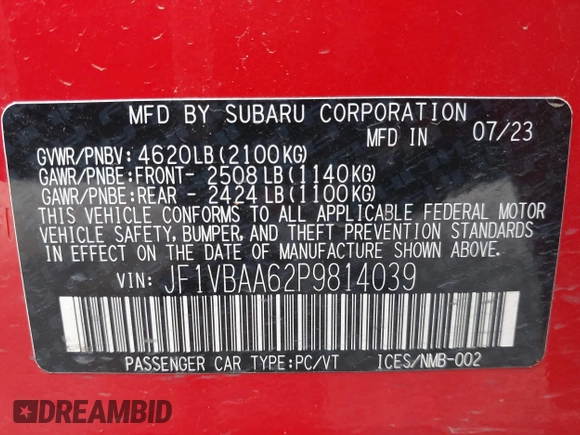 2023 Subaru WRX с VIN JF1VBAA62P9814039, выставлен на аукционе IAAI как лот 42062656 с пробегом 24 913 миль миль и . История ставок и продаж доступна на DreamBid. Изображение 9.