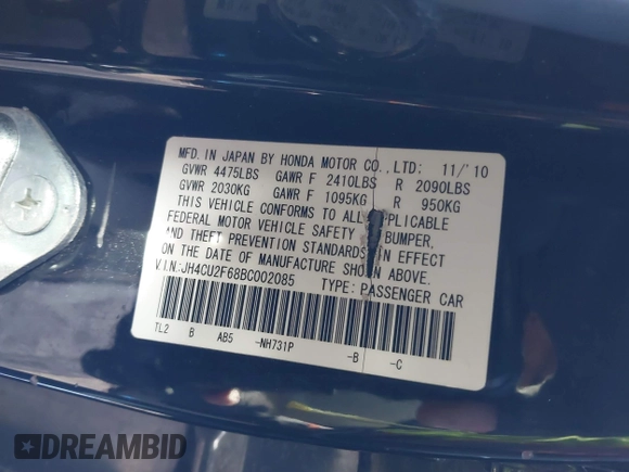 2011 Acura TSX with VIN JH4CU2F68BC002085, listed as a IAAI auction lot 41852295 with 203,747 mi miles. Bid and sale history available at carsss.com. Image 9.