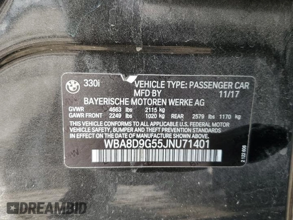 2018 BMW 3 Series 330i xDrive with VIN WBA8D9G55JNU71401, listed as a Copart auction lot 60206935 with Not provided miles and Clean title. Bid and sale history available at DreamBid. Image 12.