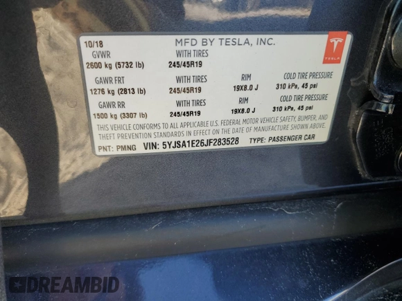 2018 Tesla Model S 75D with VIN 5YJSA1E26JF283528, listed as a Copart auction lot 46980685 with 35,371 mi miles and Salvage Title. Bid and sale history available at DreamBid. Image 14.