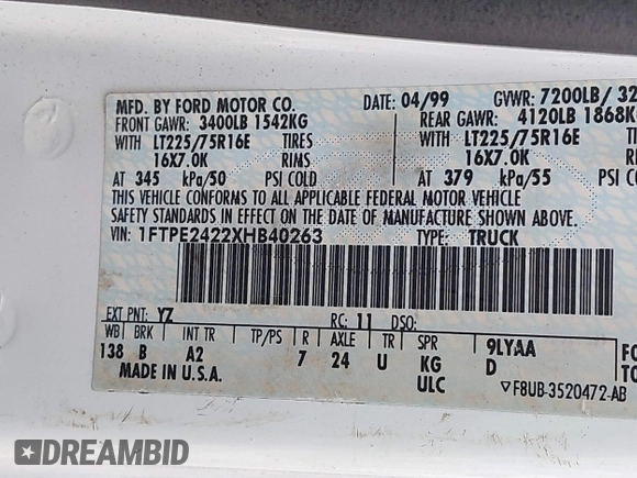 1999 Ford E-Series Commercial с VIN 1FTPE2422XHB40263, выставлен на аукционе IAAI как лот 41467093 с пробегом 85 504 миль миль и . История ставок и продаж доступна на DreamBid. Изображение 9.