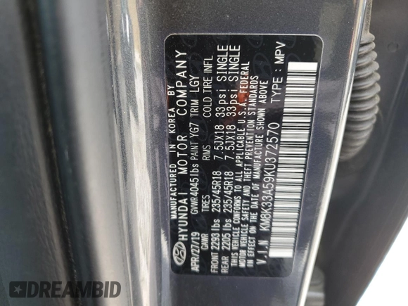 2019 Hyundai Kona Limited with VIN KM8K33A59KU372570, listed as a Copart auction lot 65702914 with 34,781 mi miles and Non Repairable. Bid and sale history available at carsss.com. Image 13.