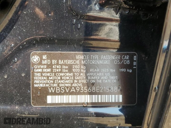 2008 BMW 3 Series M3 with VIN WBSVA93568E215887, listed as a Copart auction lot 59810545 with 166,843 mi miles and Salvage title. Bid and sale history available at DreamBid. Image 13.