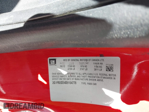 2013 Chevrolet Camaro LT z VIN 2G1FB3D34D9104778, wystawiony jako IAAI lot #42229416 z przebiegiem 99 123 mil mil oraz . Historia ofert i sprzedaży dostępna na DreamBid. Obrazek 9.
