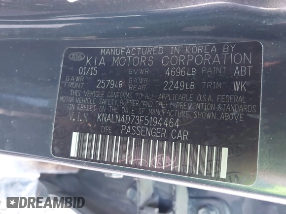 2015 Kia Cadenza Premium with VIN KNALN4D73F5194464, listed as a IAAI auction lot 41036049 with 164,907 mi miles. Bid and sale history available at carsss.com. Image 9.