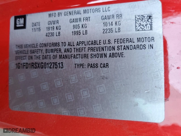 2016 Chevrolet Camaro 2LT with VIN 1G1FD1RSXG0127513, listed as a Copart auction lot 57967074 with 103,858 mi miles and Salvage Title. Bid and sale history available at carsss.com. Image 13.
