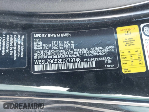 2014 BMW M6 with VIN WBSLZ9C52EDZ78748, listed as a IAAI auction lot 42152435 with 57,150 mi miles and . Bid and sale history available at DreamBid. Image 9.