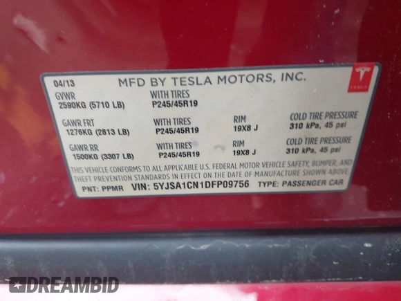 2013 Tesla Model S with VIN 5YJSA1CN1DFP09756, listed as a IAAI auction lot 41921720 with 94,770 mi miles. Bid and sale history available at carsss.com. Image 9.