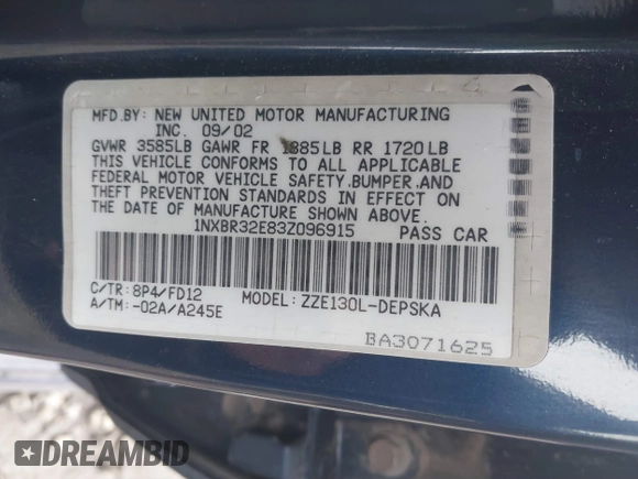 2003 Toyota Corolla CE with VIN 1NXBR32E83Z096915, listed as a IAAI auction lot 41717850 with 227,546 mi miles and . Bid and sale history available at DreamBid. Image 9.