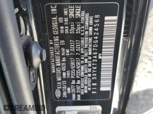 2013 Kia Sorento LX with VIN 5XYKT3A67DG424568, listed as a Copart auction lot 53247535 with 111,113 mi miles and Salvage Title. Bid and sale history available at carsss.com. Image 13.