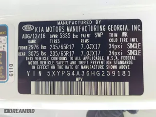 2017 Kia Sorento LX with VIN 5XYPG4A36HG239181, listed as a IAAI auction lot 41860972 with 103,588 mi miles. Bid and sale history available at carsss.com. Image 9.