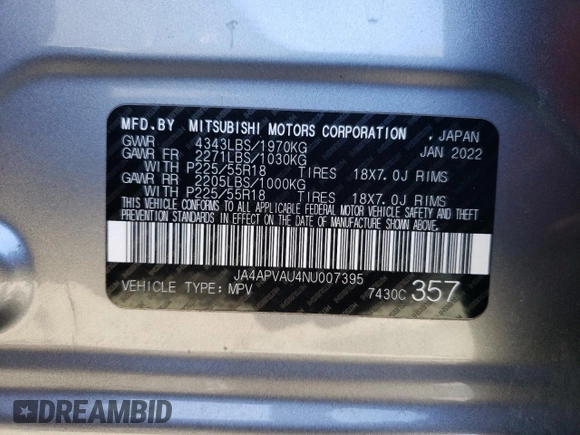 2022 Mitsubishi Outlander SE with VIN JA4APVAU4NU007395, listed as a Copart auction lot 48576865 with 66,202 mi miles and Salvage title. Bid and sale history available at DreamBid. Image 15.