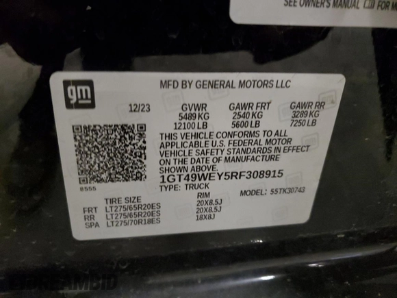 2024 GMC Sierra 3500HD Denali z VIN 1GT49WEY5RF308915, wystawiony jako Copart lot #72927244 z przebiegiem 18 383 mil mil oraz Szkoda całkowita • Salvage title. Historia ofert i sprzedaży dostępna na DreamBid. Obrazek 12.