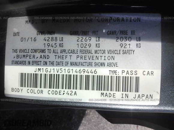 2016 Mazda Mazda6 i Touring with VIN JM1GJ1V51G1469446, listed as a IAAI auction lot 24549066 with 40,606 mi miles. Bid and sale history available at carsss.com. Image 9.