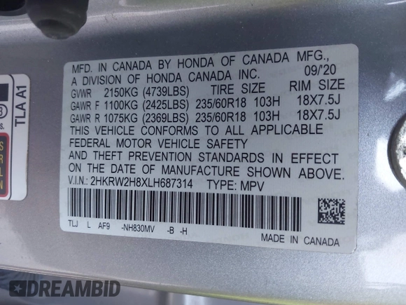 2020 Honda CR-V EX-L z VIN 2HKRW2H8XLH687314, wystawiony jako IAAI lot #41955562 z przebiegiem 54 336 mil mil oraz . Historia ofert i sprzedaży dostępna na DreamBid. Obrazek 9.