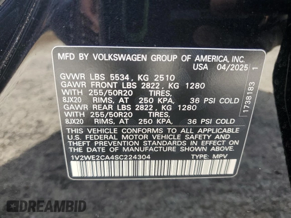 2025 Volkswagen Atlas SE with VIN 1V2WE2CA4SC224304, listed as a Copart auction lot 60569065 with 1,524 mi miles and Salvage title. Bid and sale history available at DreamBid. Image 13.