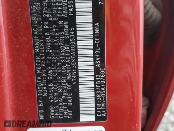 2010 Toyota Camry with VIN 4T4BF3EK0AR035345, listed as a Copart auction lot 87685495 with 195,901 mi miles and Salvage Title. Bid and sale history available at DreamBid. Image 12.