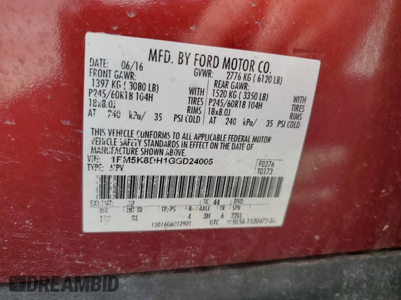 2016 Ford Explorer XLT z VIN 1FM5K8DH1GGD24005, wystawiony jako Copart lot #48669835 z przebiegiem 122 396 mil mil oraz Szkoda całkowita • Salvage title. Historia ofert i sprzedaży dostępna na DreamBid. Obrazek 13.