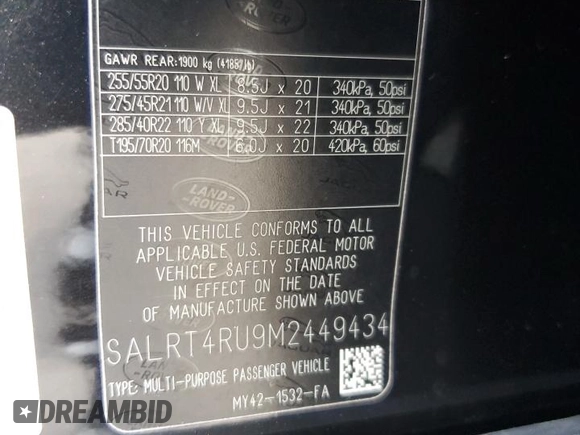 2021 Land Rover Discovery with VIN SALRT4RU9M2449434, listed as a Copart auction lot 69188934 with Not Provided miles and Salvage Title. Bid and sale history available at DreamBid. Image 13.