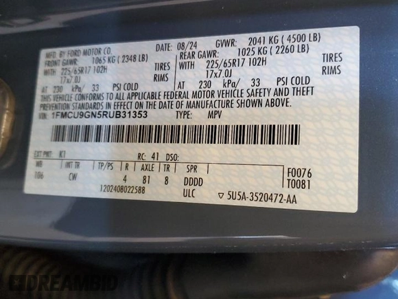 2024 Ford Escape Active with VIN 1FMCU9GN5RUB31353, listed as a Copart auction lot 87050464 with 2,518 mi miles and Salvage Title. Bid and sale history available at carsss.com. Image 12.