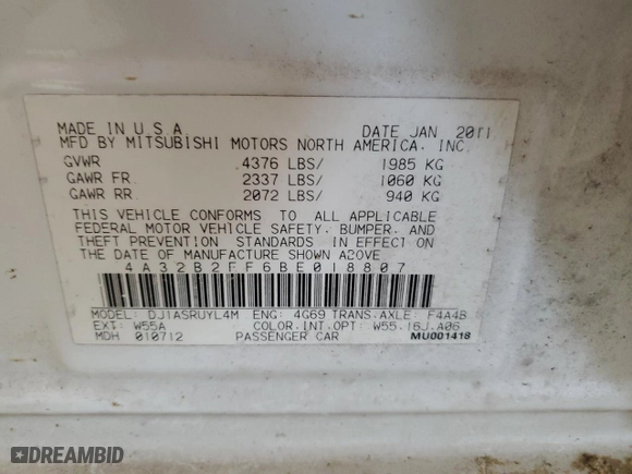 2011 Mitsubishi Galant FE with VIN 4A32B2FF6BE018807, listed as a Copart auction lot 46216325 with 0 mi miles and Salvage Title. Bid and sale history available at carsss.com. Image 12.