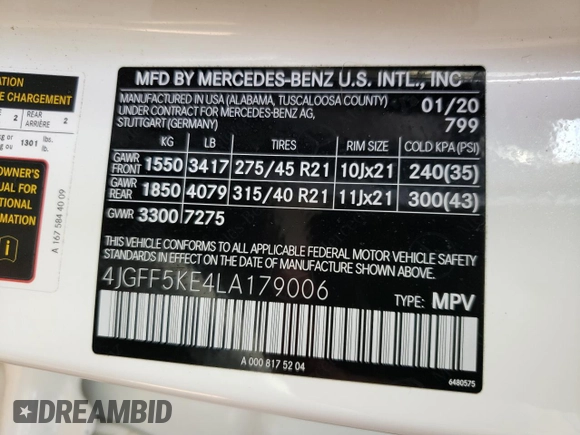 2020 Mercedes-Benz GLS 450 with VIN 4JGFF5KE4LA179006, listed as a Copart auction lot 55319804 with 18,567 mi miles and . Bid and sale history available at DreamBid. Image 13.