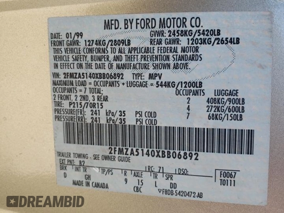 1999 Ford Windstar LX with VIN 2FMZA5140XBB06892, listed as a Copart auction lot 81584994 with 138,550 mi miles and Salvage title. Bid and sale history available at DreamBid. Image 14.