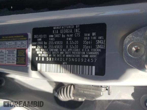 2022 Kia Sorento X-Line SX Prestige with VIN 5XYRKDLF5NG092457, listed as a Copart auction lot 49263335 with Not provided miles and Salvage title. Bid and sale history available at DreamBid. Image 15.