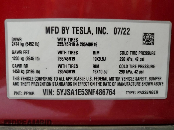 2022 Tesla Model S z VIN 5YJSA1E53NF486764, wystawiony jako Copart lot #52705885 z przebiegiem 73 637 mil mil oraz Szkoda całkowita • Salvage title. Historia ofert i sprzedaży dostępna na DreamBid. Obrazek 14.
