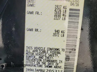 2016 Nissan Altima SR with VIN 1N4AL3AP8GC205315, listed as a Copart auction lot 60294725 with 178,073 mi miles and Salvage title. Bid and sale history available at DreamBid. Image 13.