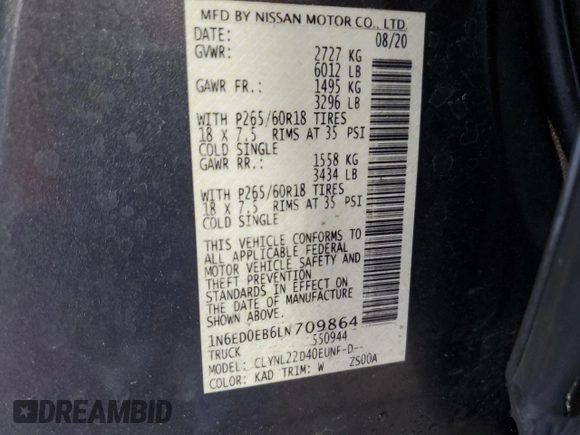 2020 Nissan Frontier SV z VIN 1N6ED0EB6LN709864, wystawiony jako Copart lot #58526565 z przebiegiem Nie podano mil oraz Szkoda całkowita • Salvage title. Historia ofert i sprzedaży dostępna na DreamBid. Obrazek 13.