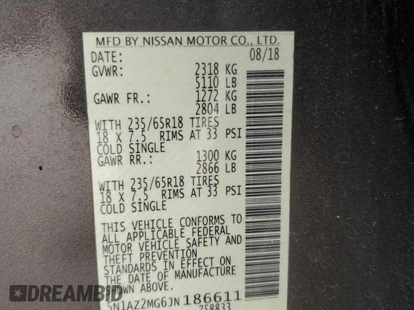2018 Nissan Murano S z VIN 5N1AZ2MG6JN186611, wystawiony jako Copart lot #54903895 z przebiegiem 101 670 mil mil oraz Szkoda całkowita • Salvage title. Historia ofert i sprzedaży dostępna na DreamBid. Obrazek 14.