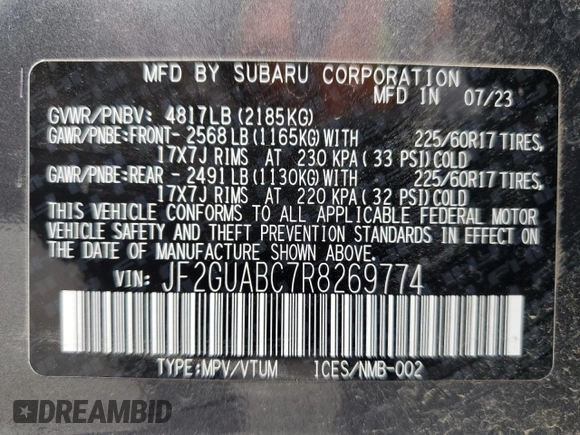 2024 Subaru Crosstrek с VIN JF2GUABC7R8269774, выставлен на аукционе Copart как лот 61070915 с пробегом 876 миль миль и Списание • Salvage title. История ставок и продаж доступна на DreamBid. Изображение 12.
