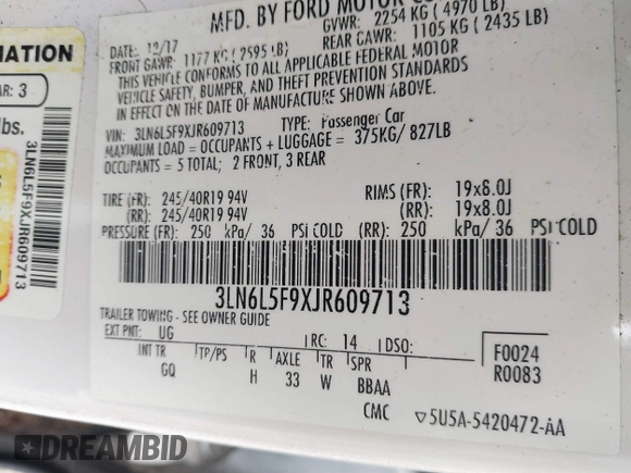 2018 Lincoln MKZ Reserve with VIN 3LN6L5F9XJR609713, listed as a IAAI auction lot 41190247 with 119,434 mi miles and . Bid and sale history available at DreamBid. Image 9.