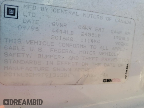 1996 Chevrolet Lumina with VIN 2G1WL52M9T9131381, listed as a Copart auction lot 79839104 with 217,448 mi miles and Salvage Title. Bid and sale history available at DreamBid. Image 12.