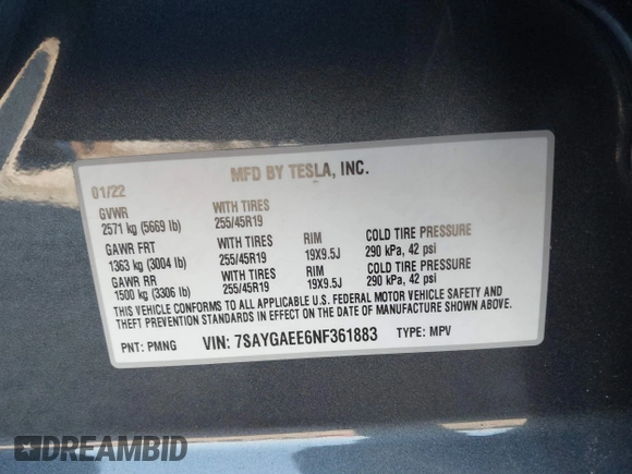 2022 Tesla Model Y Long Range with VIN 7SAYGAEE6NF361883, listed as a IAAI auction lot 41752441 with 50,493 mi miles and . Bid and sale history available at DreamBid. Image 9.