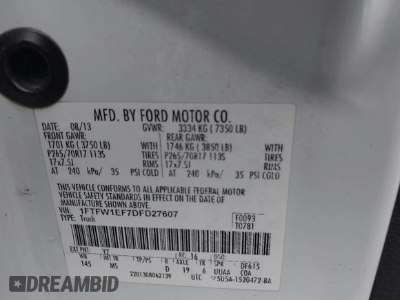 2013 Ford F-150 XL z VIN 1FTFW1EF7DFD27607, wystawiony jako IAAI lot #42369849 z przebiegiem Nie podano mil oraz . Historia ofert i sprzedaży dostępna na DreamBid. Obrazek 9.