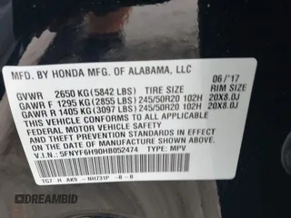2017 Honda Pilot Touring with VIN 5FNYF6H90HB052474, listed as a IAAI auction lot 42291464 with 103,288 mi miles and . Bid and sale history available at DreamBid. Image 9.