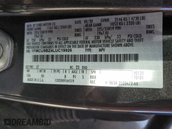 2020 Ford Escape SE Sport Hybrid with VIN 1FMCU9BZ4LUC19926, listed as a Copart auction lot 49586745 with 97,963 mi miles and Salvage Title. Bid and sale history available at DreamBid. Image 13.