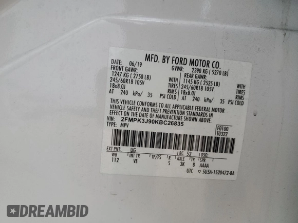 2019 Ford Edge SEL with VIN 2FMPK3J90KBC26835, listed as a Copart auction lot 44903735 with 69,747 mi miles and Salvage Title. Bid and sale history available at carsss.com. Image 14.