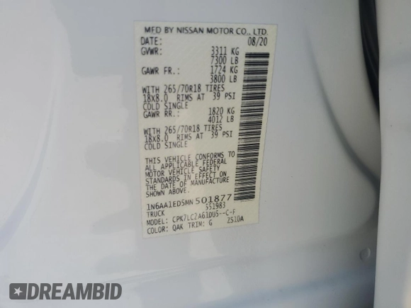2021 Nissan Titan Pro-4X z VIN 1N6AA1ED5MN501877, wystawiony jako Copart lot #63714005 z przebiegiem 21 821 mil mil oraz Szkoda całkowita • Salvage title. Historia ofert i sprzedaży dostępna na DreamBid. Obrazek 13.