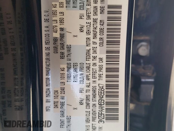 2025 Mazda 3 S with VIN 3MZBPAAM6SM455847, listed as a Copart auction lot 50470785 with Not Provided miles and Salvage Title. Bid and sale history available at DreamBid. Image 14.