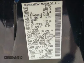 2007 Nissan Pathfinder S z VIN 5N1AR18U47C636190, wystawiony jako IAAI lot #42200265 z przebiegiem 228 221 mil mil oraz . Historia ofert i sprzedaży dostępna na DreamBid. Obrazek 9.
