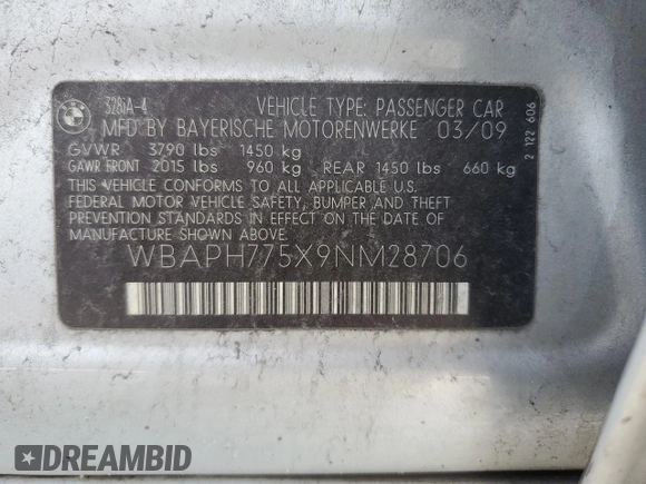 2009 BMW 3 Series 328i with VIN WBAPH775X9NM28706, listed as a Copart auction lot 73389384 with 92,892 mi miles and Salvage Title. Bid and sale history available at carsss.com. Image 12.