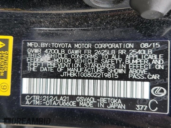 2016 Lexus ES with VIN JTHBK1GG8G2219815, listed as a Copart auction lot 46536485 with 59,436 mi miles and Salvage Title. Bid and sale history available at carsss.com. Image 13.