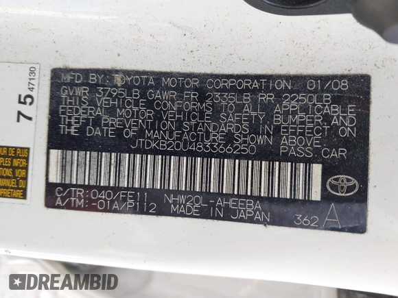 2008 Toyota Prius with VIN JTDKB20U483366250, listed as a IAAI auction lot 42016079 with 120,462 mi miles and . Bid and sale history available at DreamBid. Image 9.