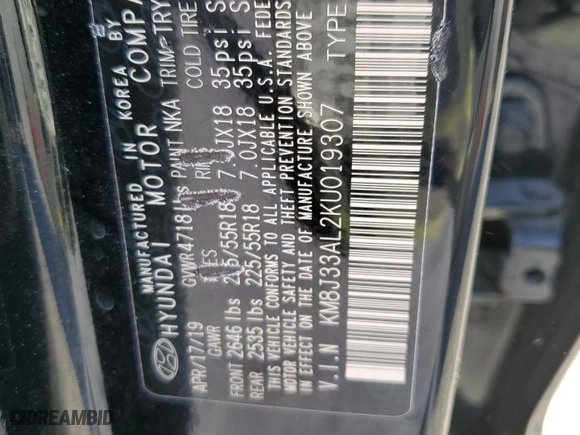 2019 Hyundai Tucson Night with VIN KM8J33AL2KU019307, listed as a Copart auction lot 82619544 with 74,701 mi miles and Salvage Title. Bid and sale history available at carsss.com. Image 14.