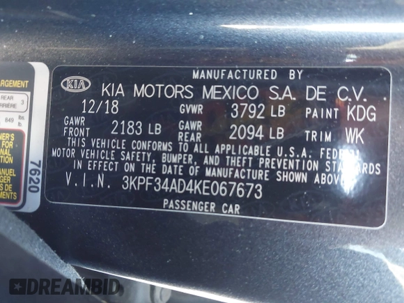 2019 Kia Forte S with VIN 3KPF34AD4KE067673, listed as a IAAI auction lot 41347123 with 161,405 mi miles. Bid and sale history available at carsss.com. Image 9.